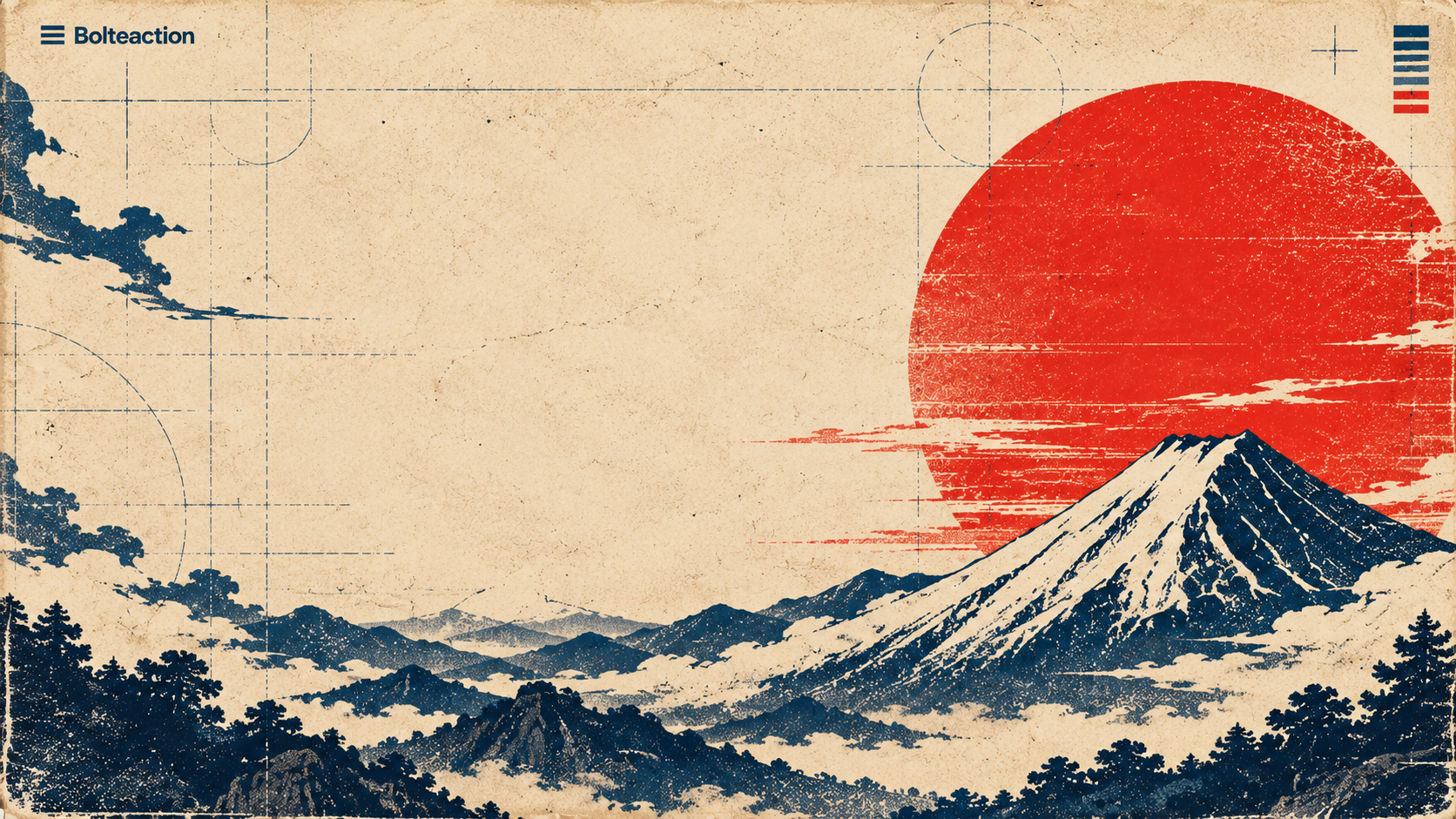 Bolteaction vintage poster with a red sun and mountain